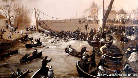 ​​Nel 1845, il ponte sospeso di Yarmouth crollò dopo che una grande folla si riunì per guardare un pagliaccio in una vasca da bagno che veniva tirato su per il fiume da quattro oche. Settantanove persone sono morte